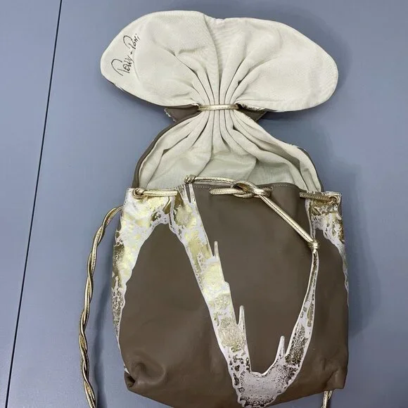 Vintage 80s Terry Toni Shoulder Bag Purse Hand Painted White Gold Leather Brown - Picture 4 of 16